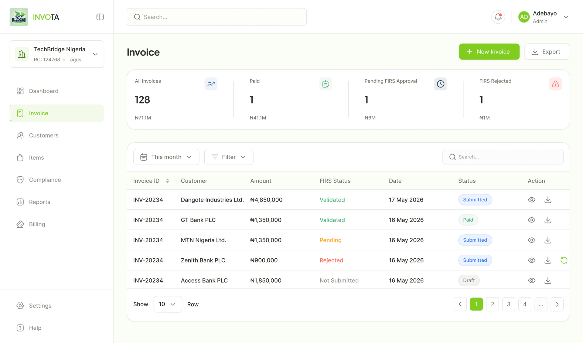 Invota invoice dashboard